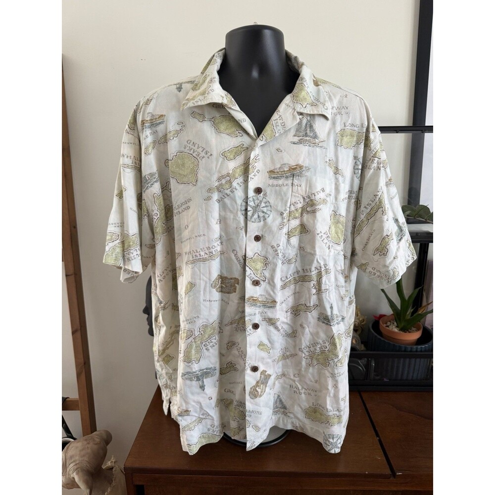 LL Bean Men's XL Hawaiian Map Button Down Shirt Casual Y2K Dadcore Nautical